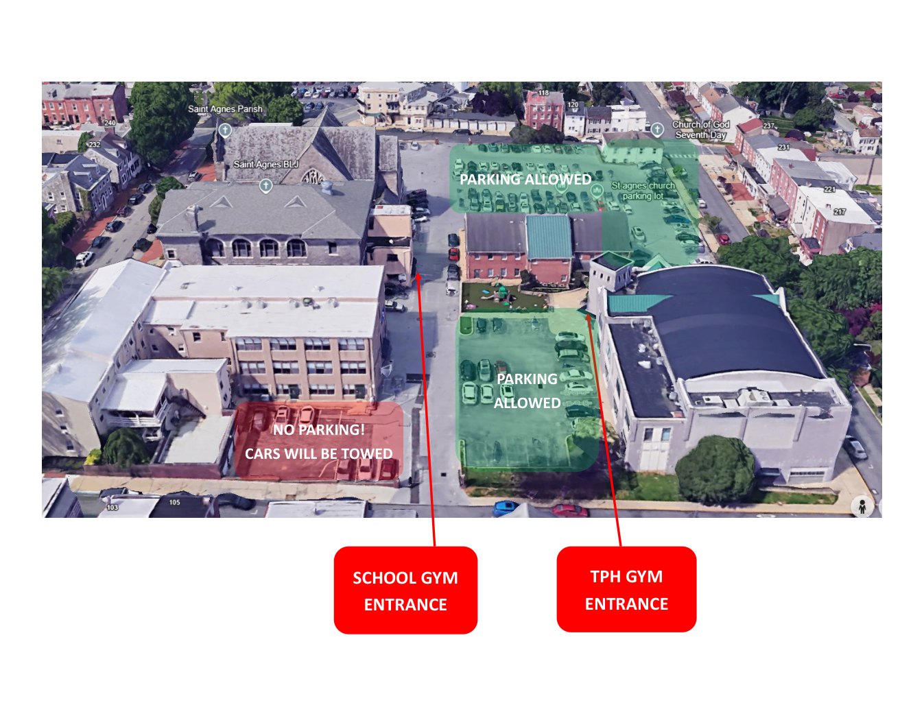 Aerial parking map showing permitted parking in green, a no-parking tow-away area in red, and separate gym entrances