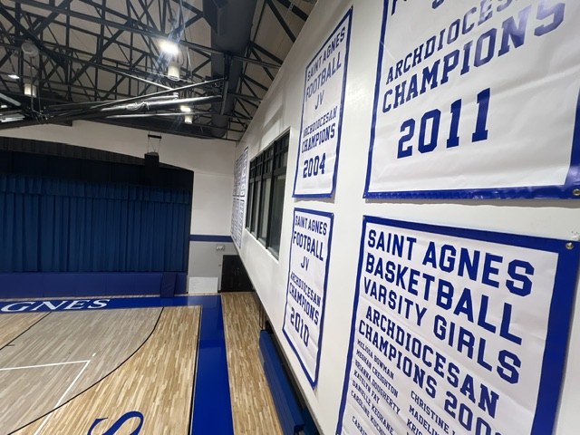 New championship banners along the gym wall